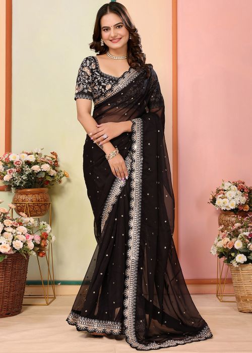 Black Embroidered Organza Saree