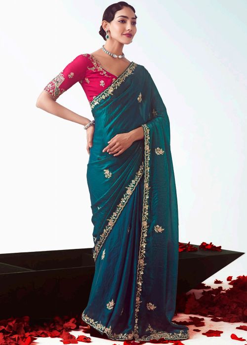 Teal Blue Embroidered Saree & Blouse