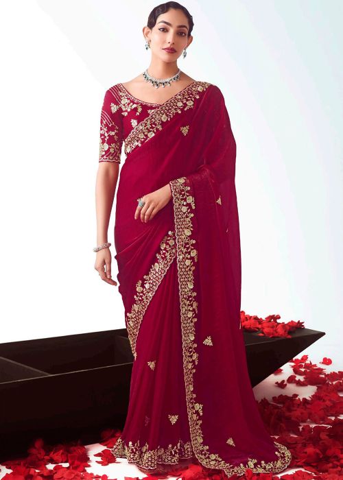 Rani Pink Embroidered Border Saree