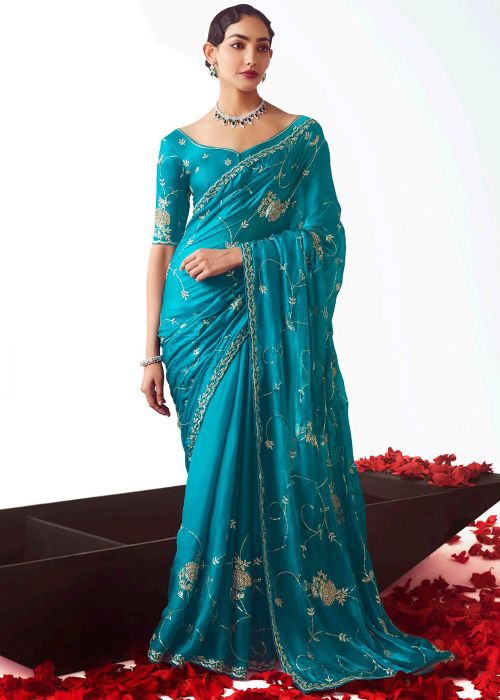 Blue Organza Saree In Sequins Work