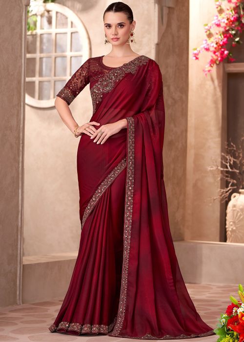 Red Embroidered Saree In Chiffon