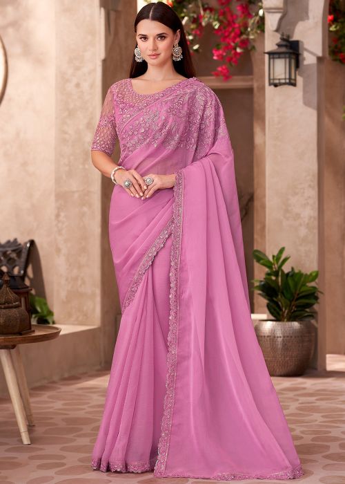 Pink Embroidered Chiffon Saree