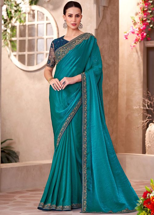 Blue Sequin Work Saree In Georgette