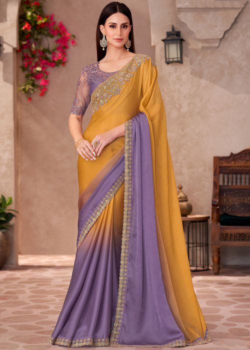 Purple & Yellow Shaded Saree In Chiffon