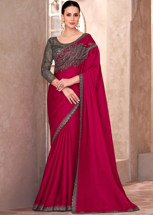 Red Embroidered Saree In Chiffon