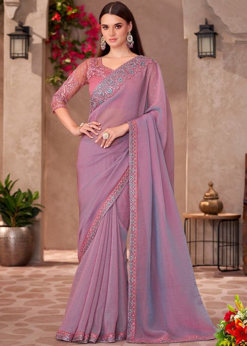 Purple Embroidered Saree In Georgette