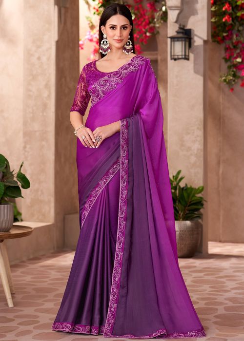 Purple Embroidered Chiffon Saree