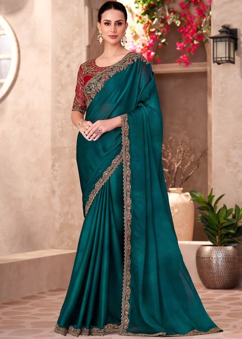 Green Embroidered Saree In Chiffon