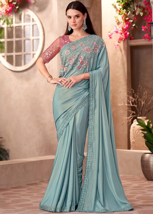 Green Embroidered Saree In Shimmer