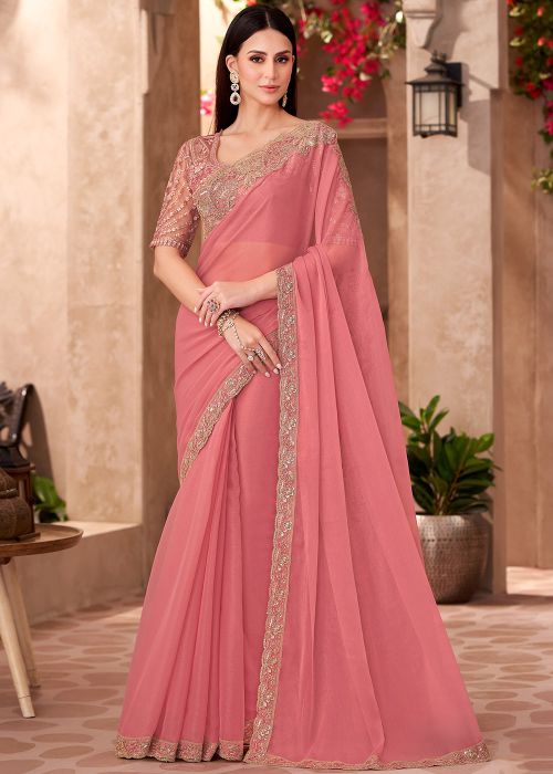 Pink Embroidered Georgette Saree