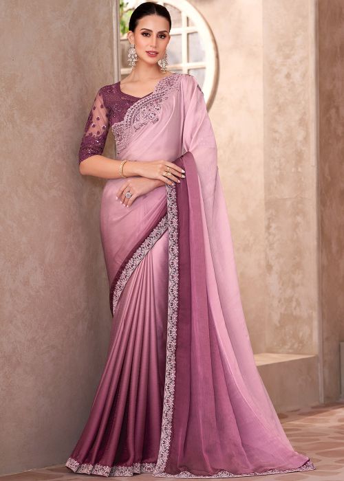 Pink Embroidered Saree In Chiffon