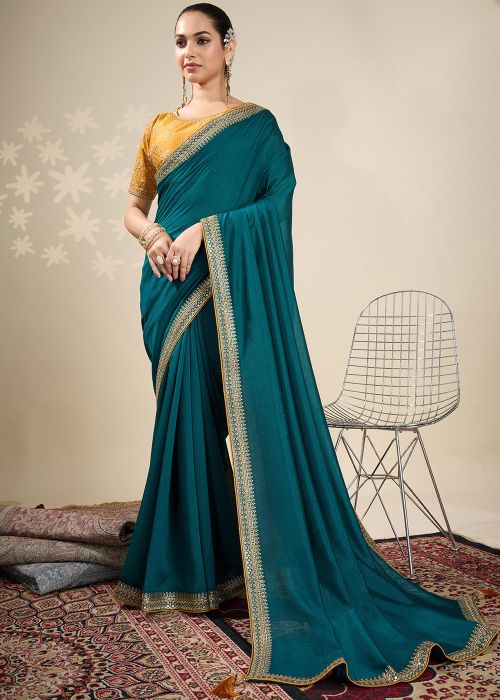 Teal Blue Embroidered Border Saree