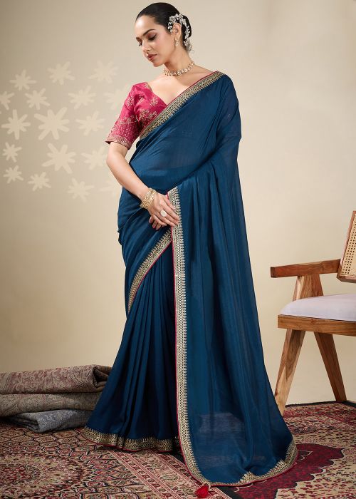 Teal Blue Saree With Embroidered Blouse
