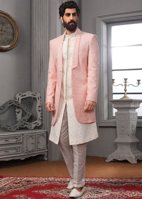 Pink Readymade Mens Chikankari Sherwani Set