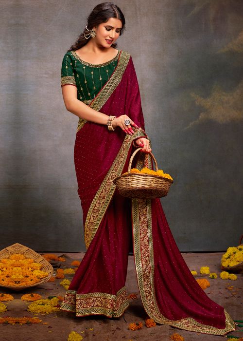Red Embroidere Saree In Art Silk