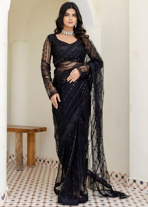 Black Net Embellished Saree & Blouse
