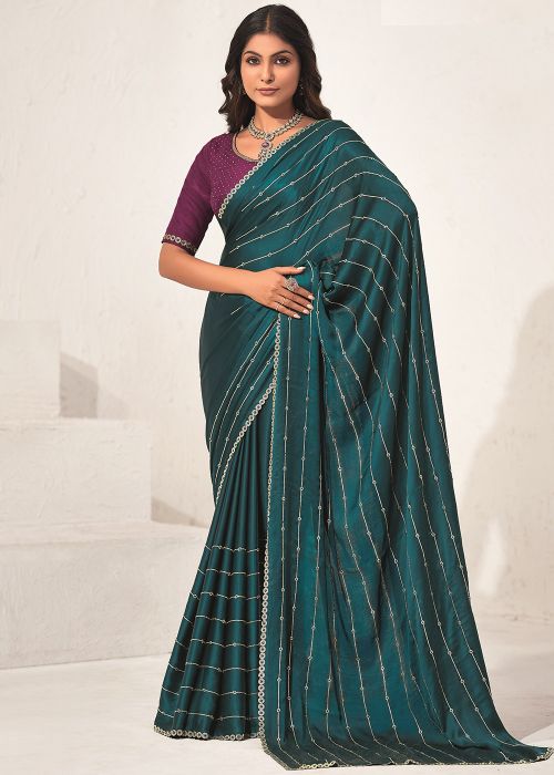 Teal Blue Embellished Satin Saree