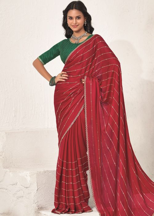Red Stone Work Satin Saree