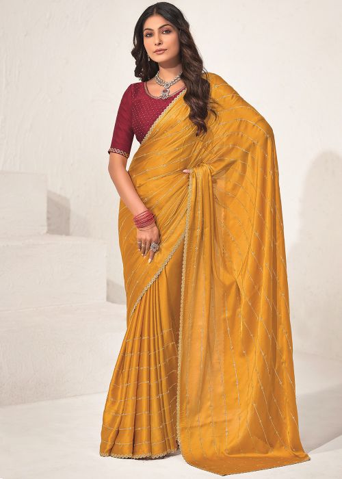 Yellow Satin Saree In Stone Work