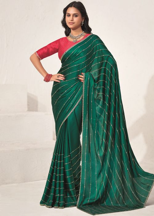 Green Stone Work Saree In Satin