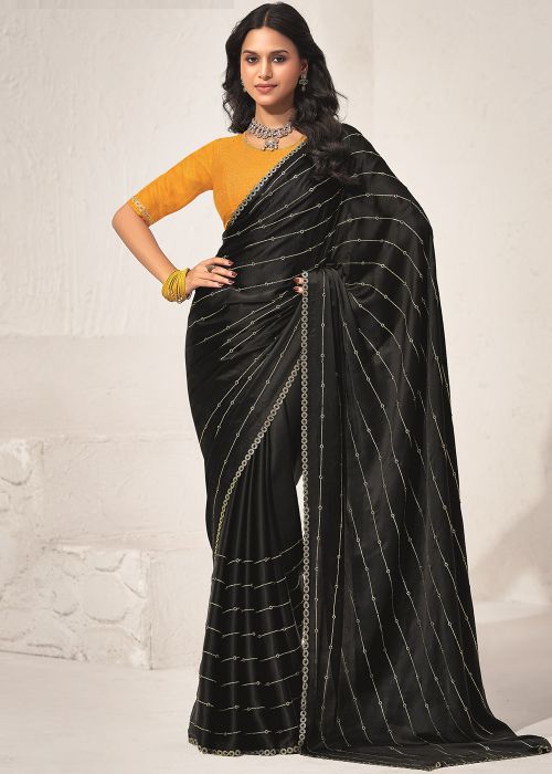 Black Stone Work Saree In Satin