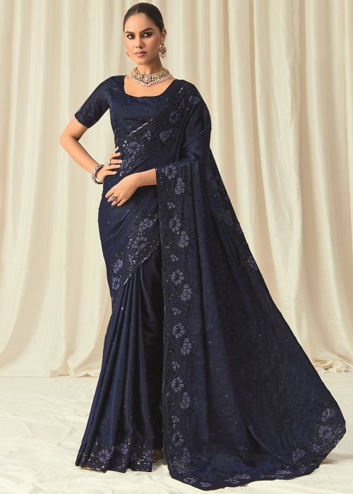 Blue Embroidered Saree In Satin