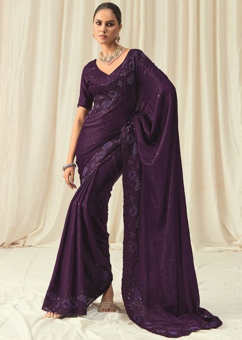 Purple Embroidered Satin Saree