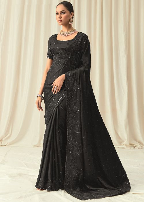 Black Sequin Work Satin Saree
