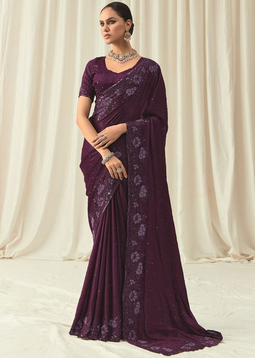Wine Embroidered Saree In Satin