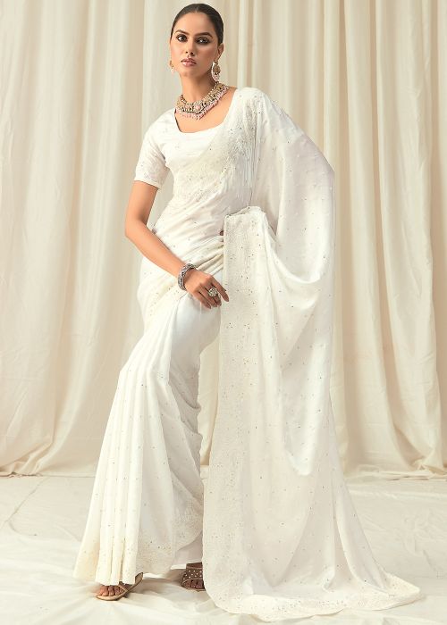 White Embroidered Satin Saree