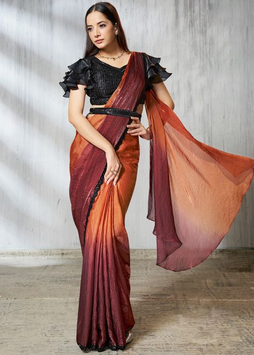 Dual Tone Orange Embroidered Pre-Stitched Saree