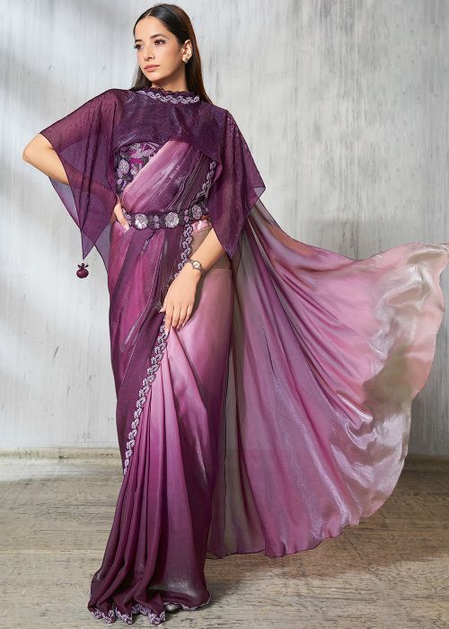Dual Tone Pink Pre-Stitched Embroidered Saree