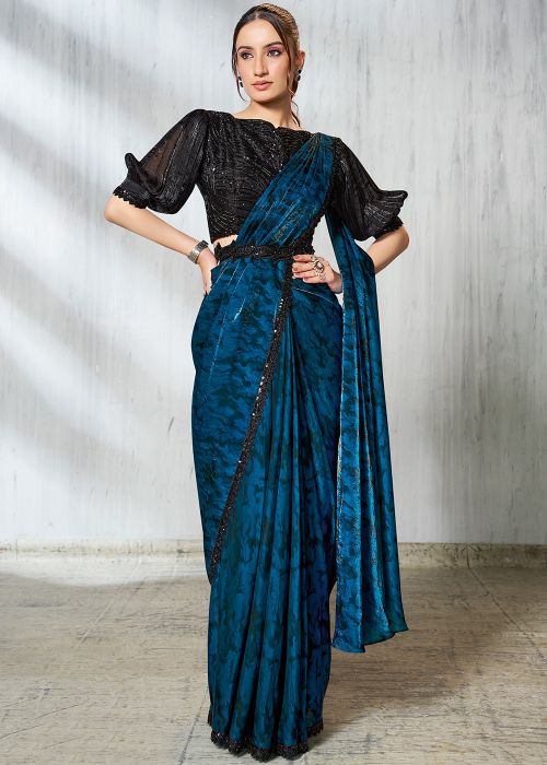 Blue Embroidered Pre-Stitched Saree