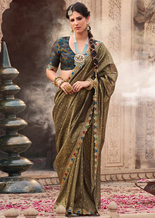 Olive Green Embroidered Saree In Tissue Silk