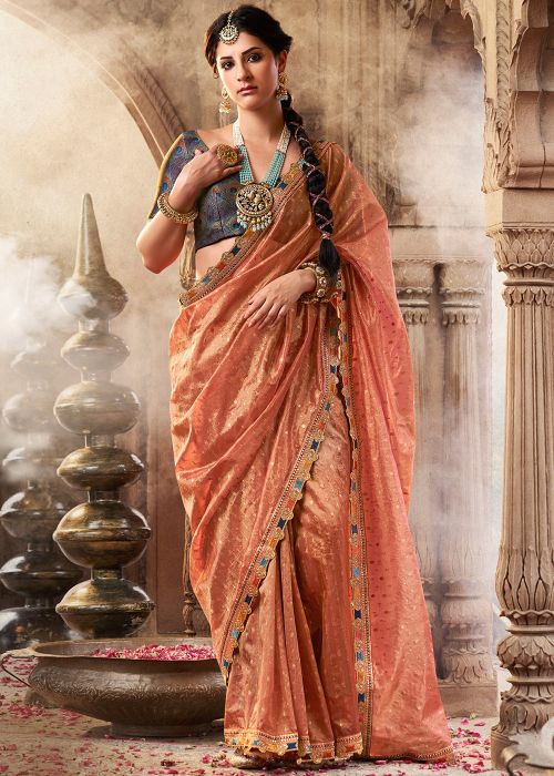 Peach Embroidered Tissue Saree
