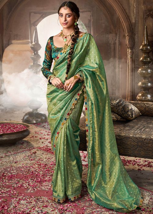 Green Embroidered Saree In Tissue Silk