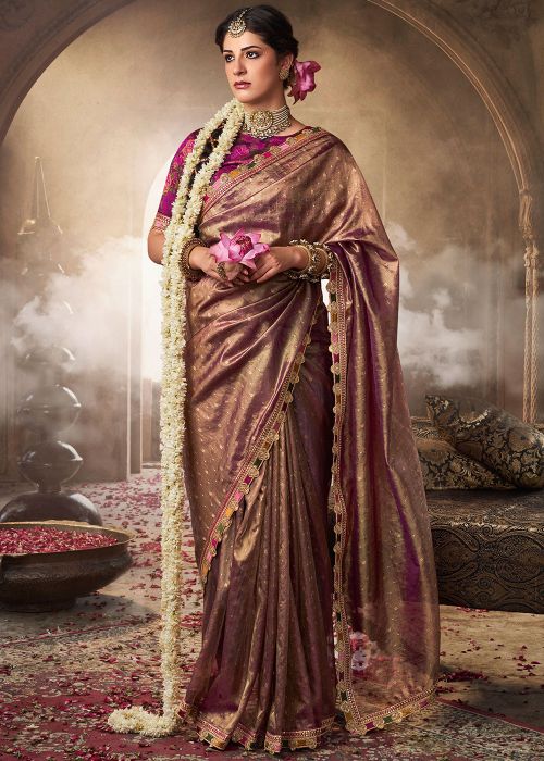 Deep Maroon Embroidered Tisssue Silk Saree