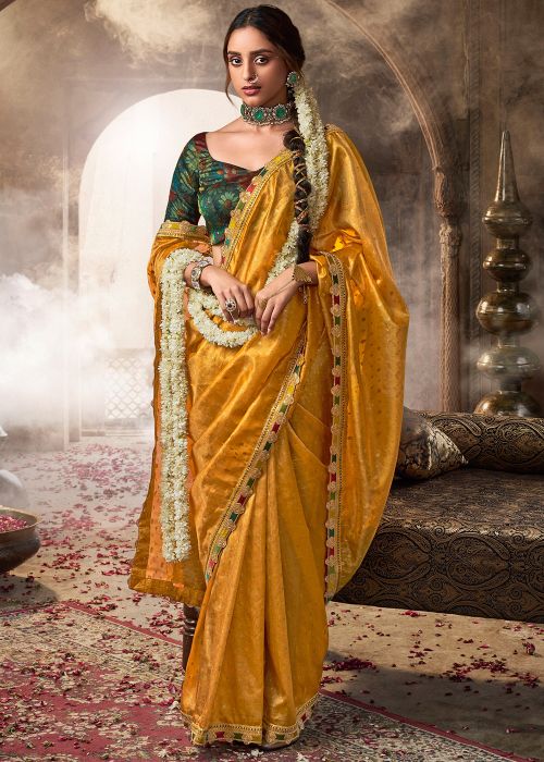 Yellow Embroidered Saree In Tissue Silk