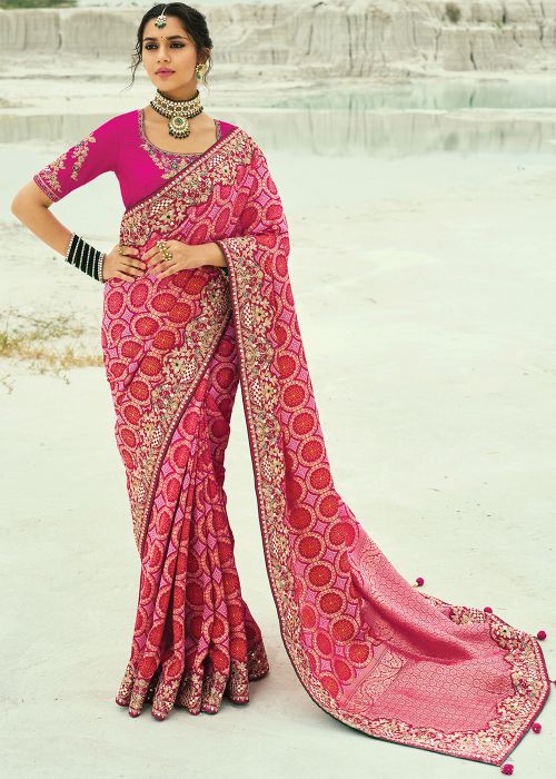 Pink Georgette Saree In Bandhani Print
