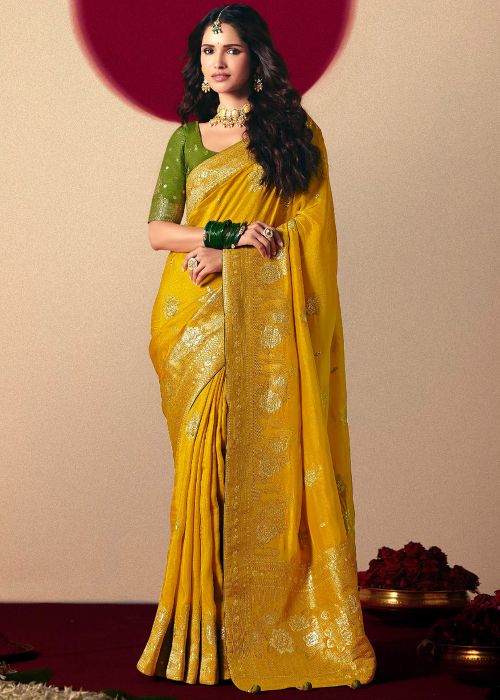 Yellow Art Silk Saree With Zari Woven Border