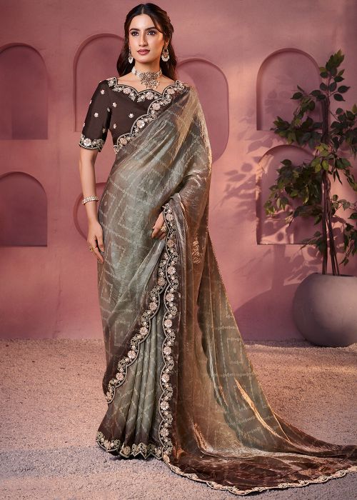 Brown Art Silk Saree with Embellished Border