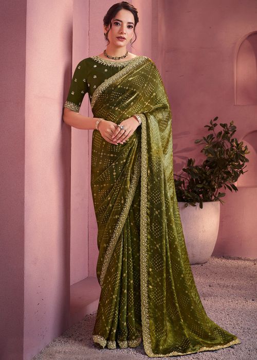 Olive Green Art Silk Saree with Zari Work