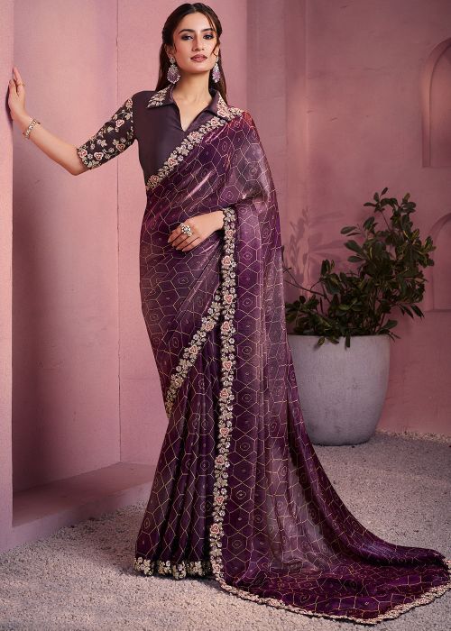 Purple Art Silk Saree with Embroidered Border