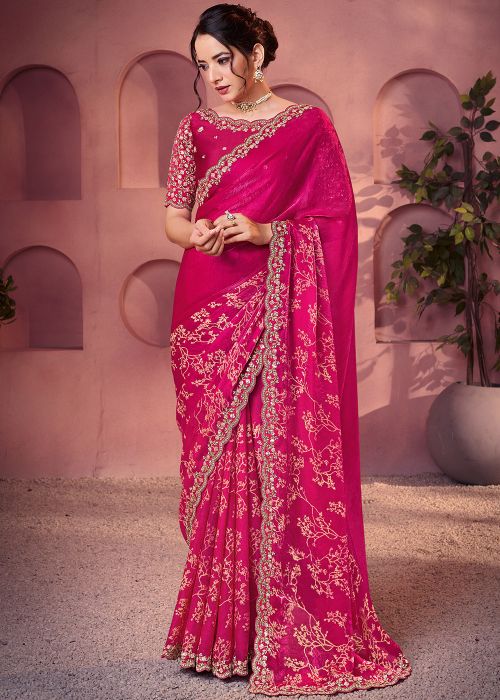 Rani Pink Art Silk Saree with Heavy Embroidery