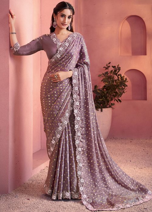 Lavender Art Silk Saree with Floral Border