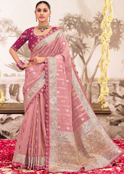 Pink Art Silk Saree With Zari Woven Work