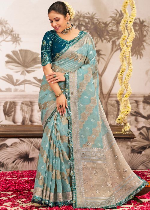 Blue Art Silk Saree With Zari Detailing