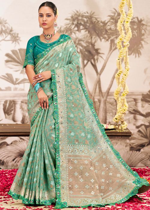 Mint Green Art Silk Saree With Zari Weaving