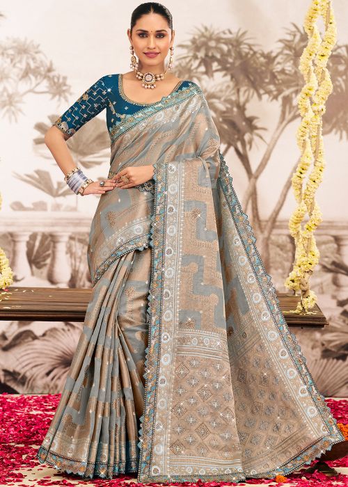 Grey Art Silk Saree With Zari Woven Borders