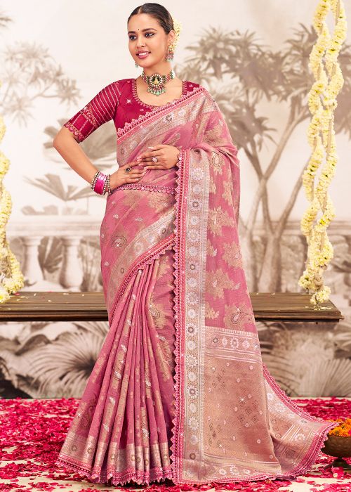 Pink Art Silk Saree With Zari Weaving